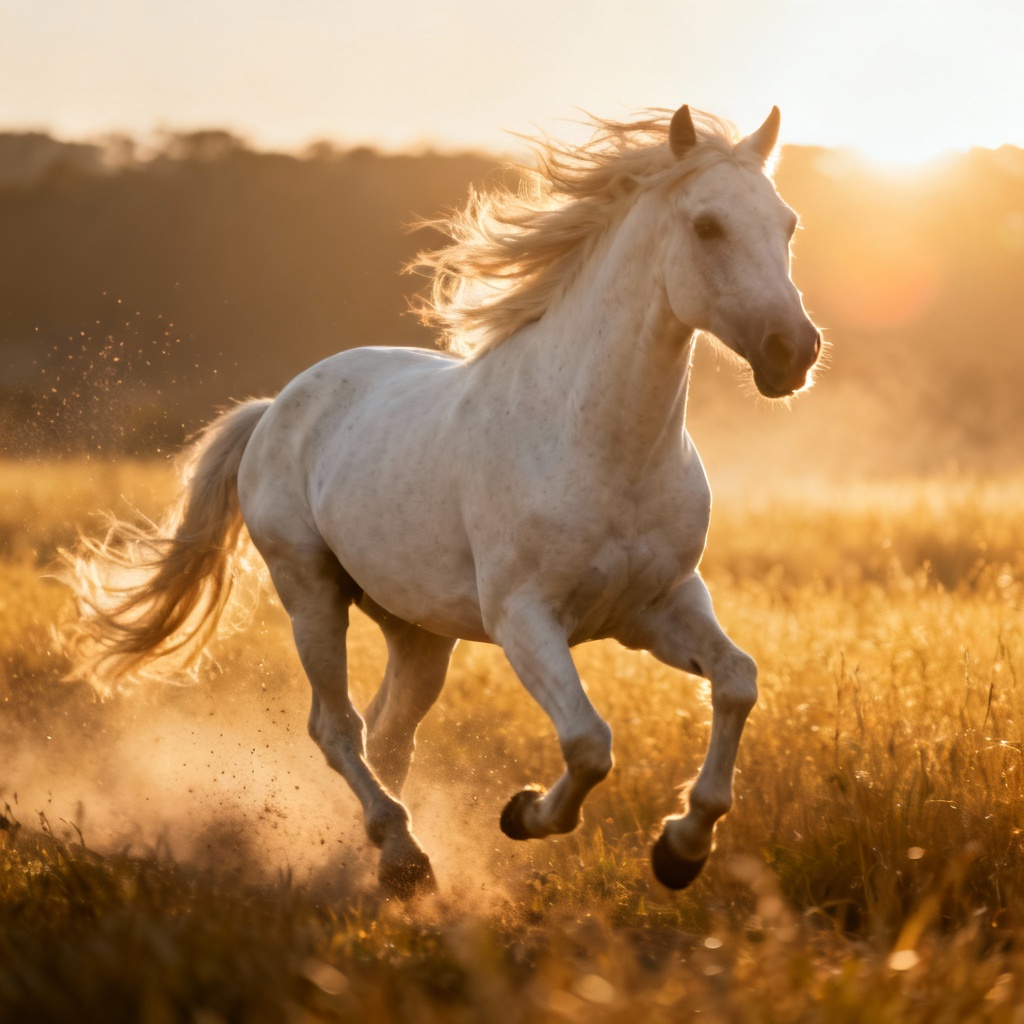 AI white horse running through sunlit meadow