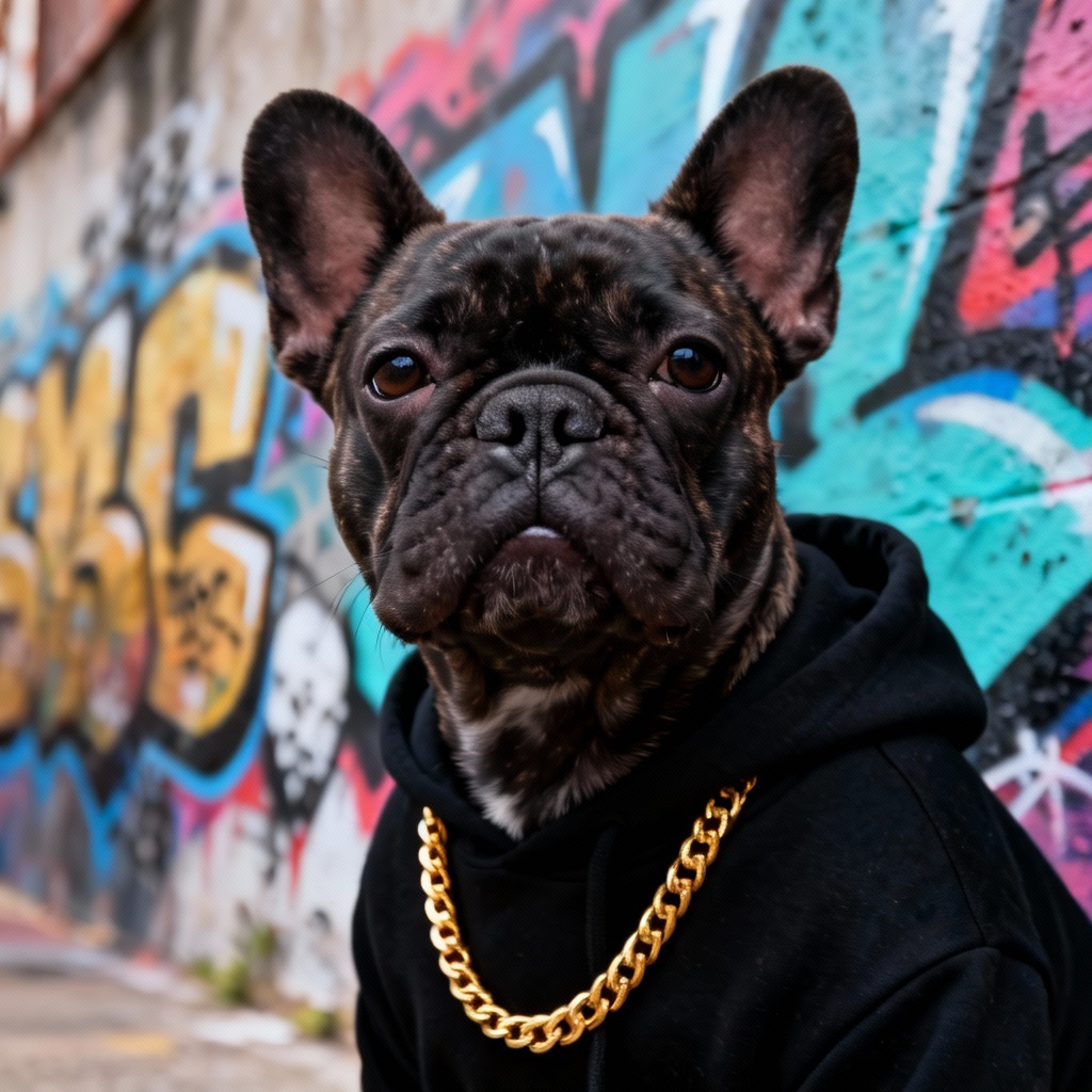 AI gangster pet art of a bulldog in streetwear