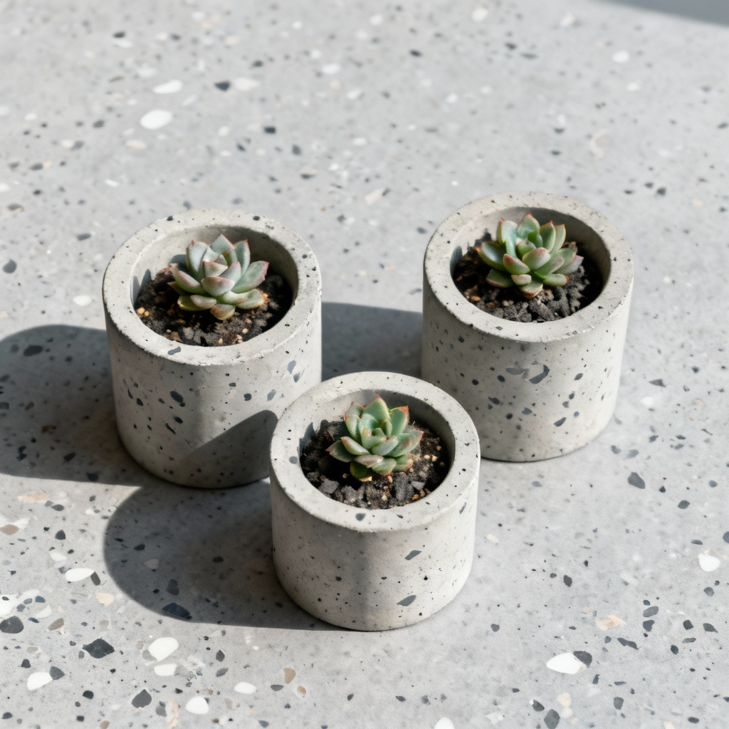 AI concrete planters with succulents on white surface
