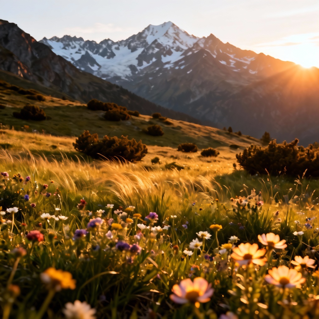 Alpine meadow filled with wildflowers at sunrise