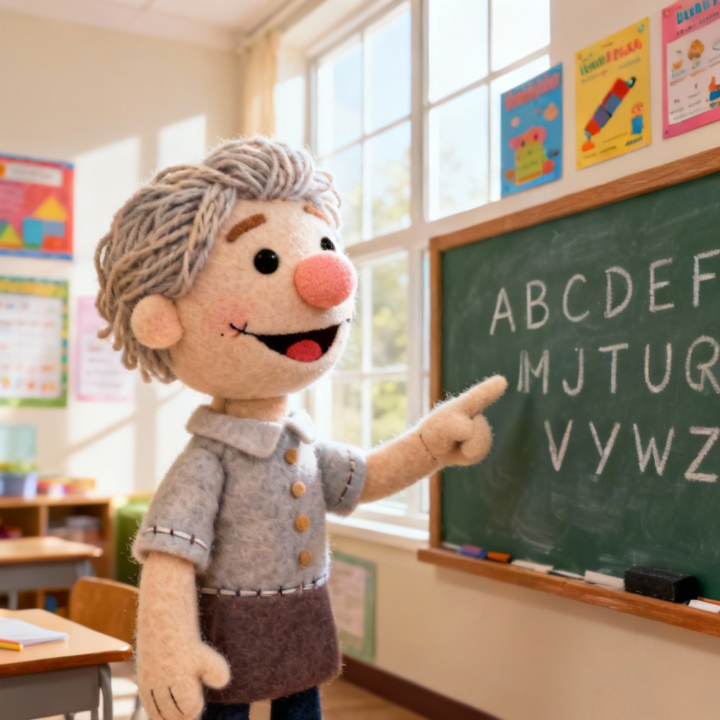 AI muppet-style teacher puppet in a classroom