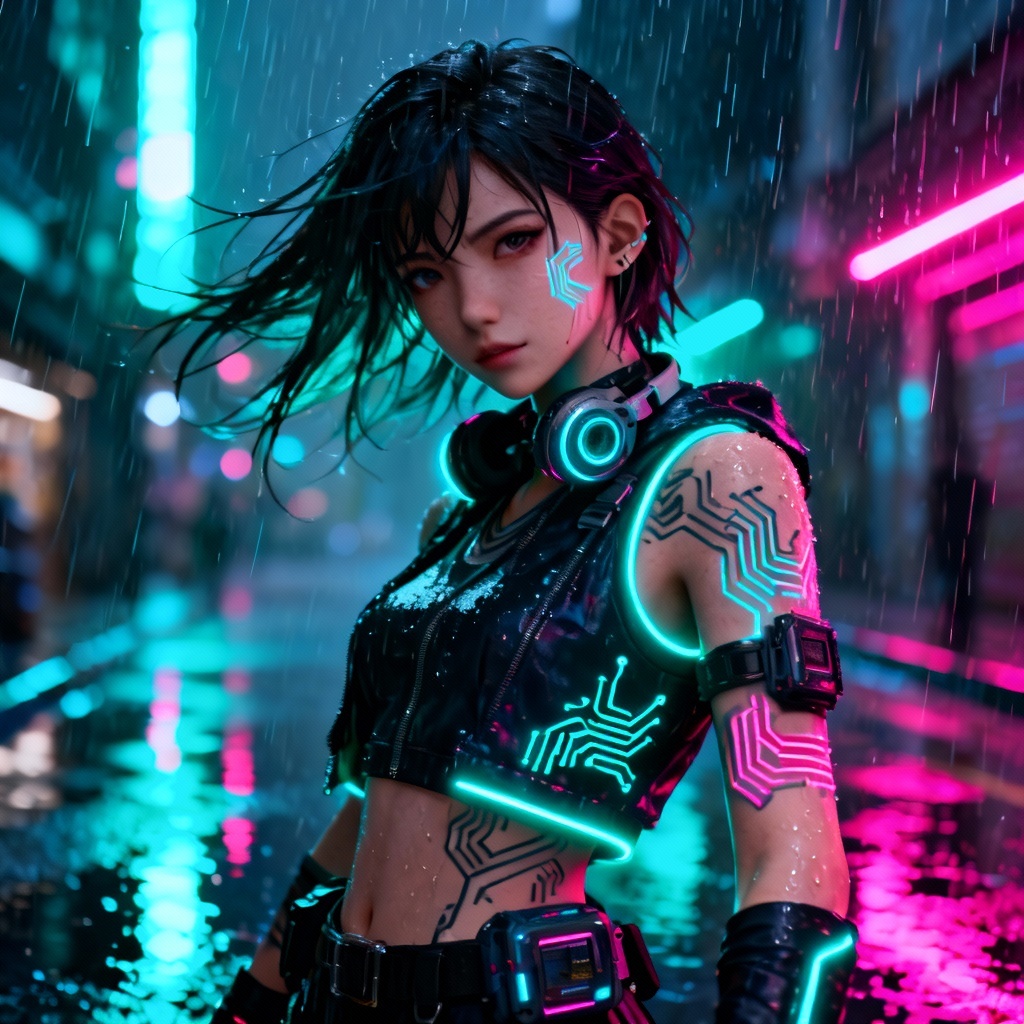 AI cyberpunk virtual character portrait with neon lighting