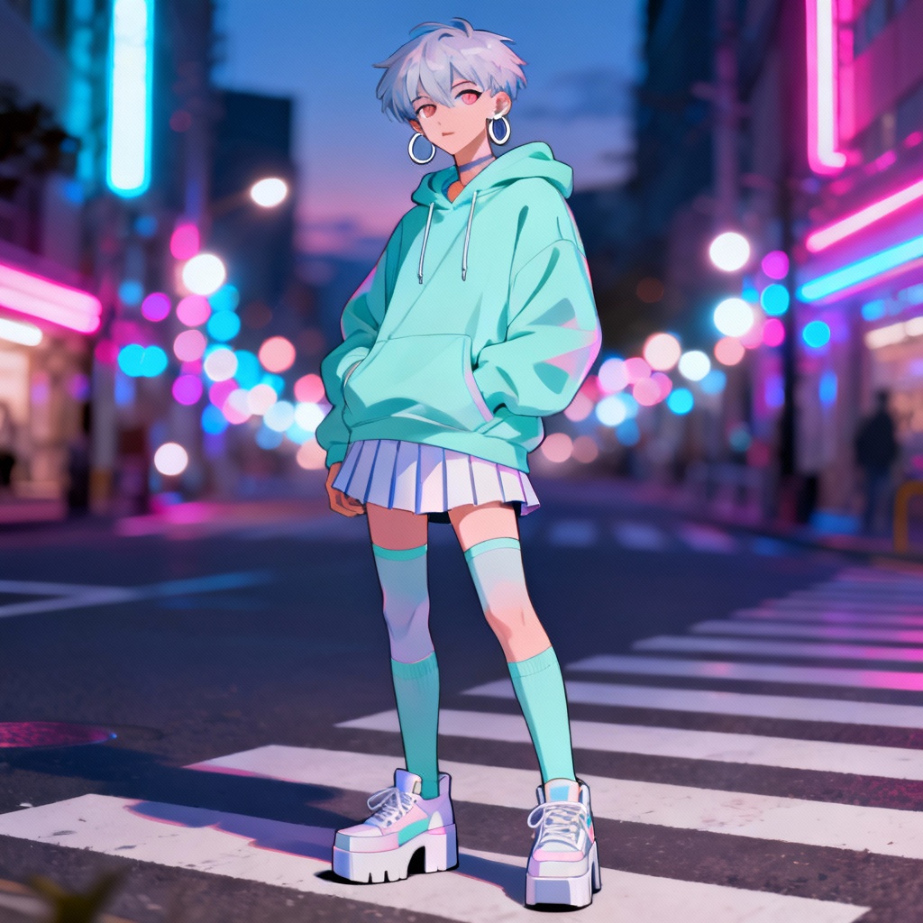 AI pastel streetwear femboy with city lights