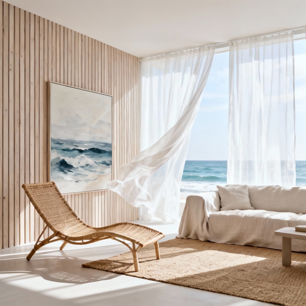 Coastal modern living space with airy white tones and rattan