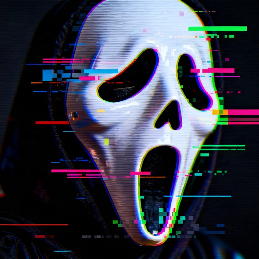 Glitchy closeup of ghostface mask with VHS texture
