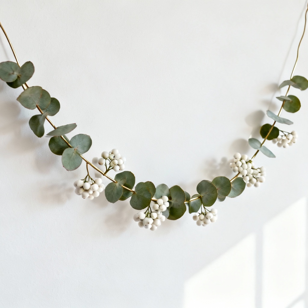Nordic minimal eucalyptus garland with white berries in a bright setting