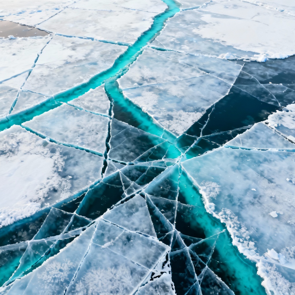 AI aerial view of sea ice patterns and turquoise leads