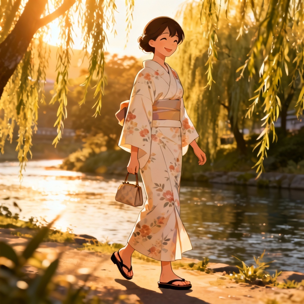 AI riverbank stroll kimono scene