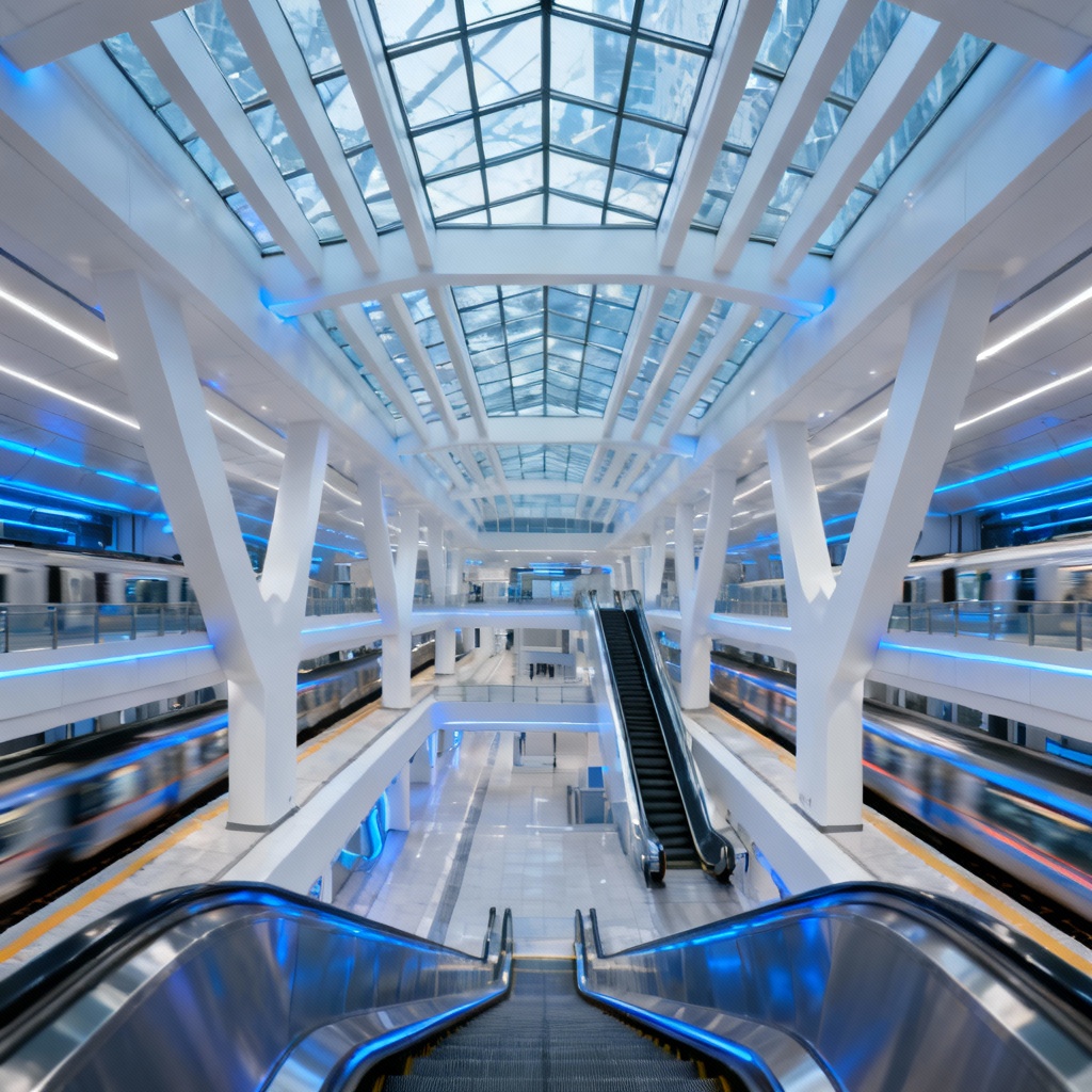 AI futuristic multi-level transit hub interior