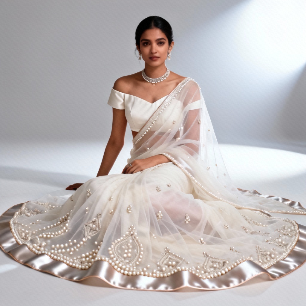 Minimal ivory organza saree with pearl embroidery and satin border