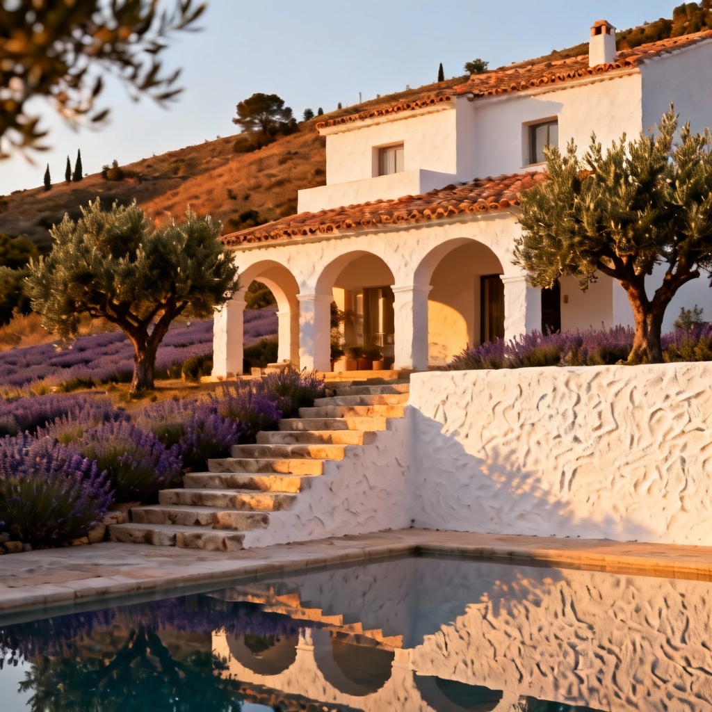 AI Mediterranean hillside villa with white stucco and olive trees