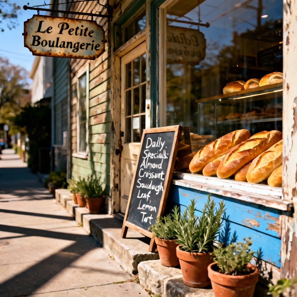 AI cozy bakery storefront with baguettes and chalkboard