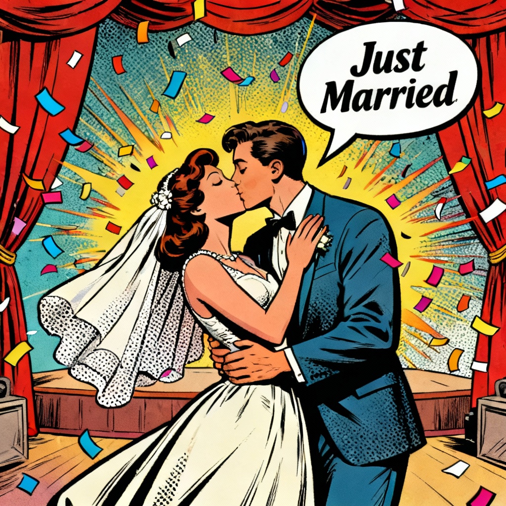 Comic style wedding cartoon kiss with halftone effects