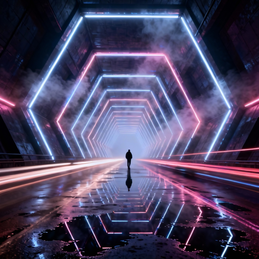 AI generated neon light tunnel with vanishing point