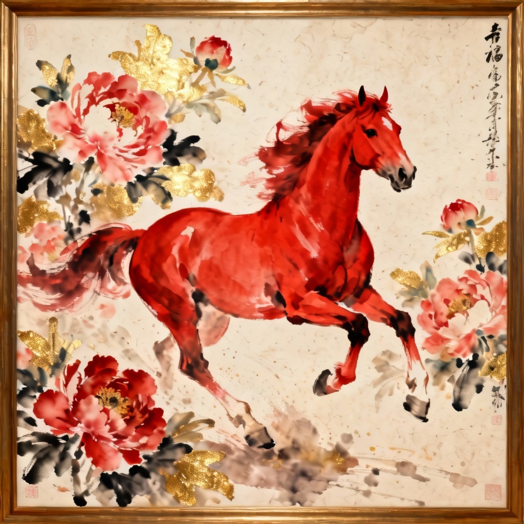 AI watercolor red horse luck painting with peonies