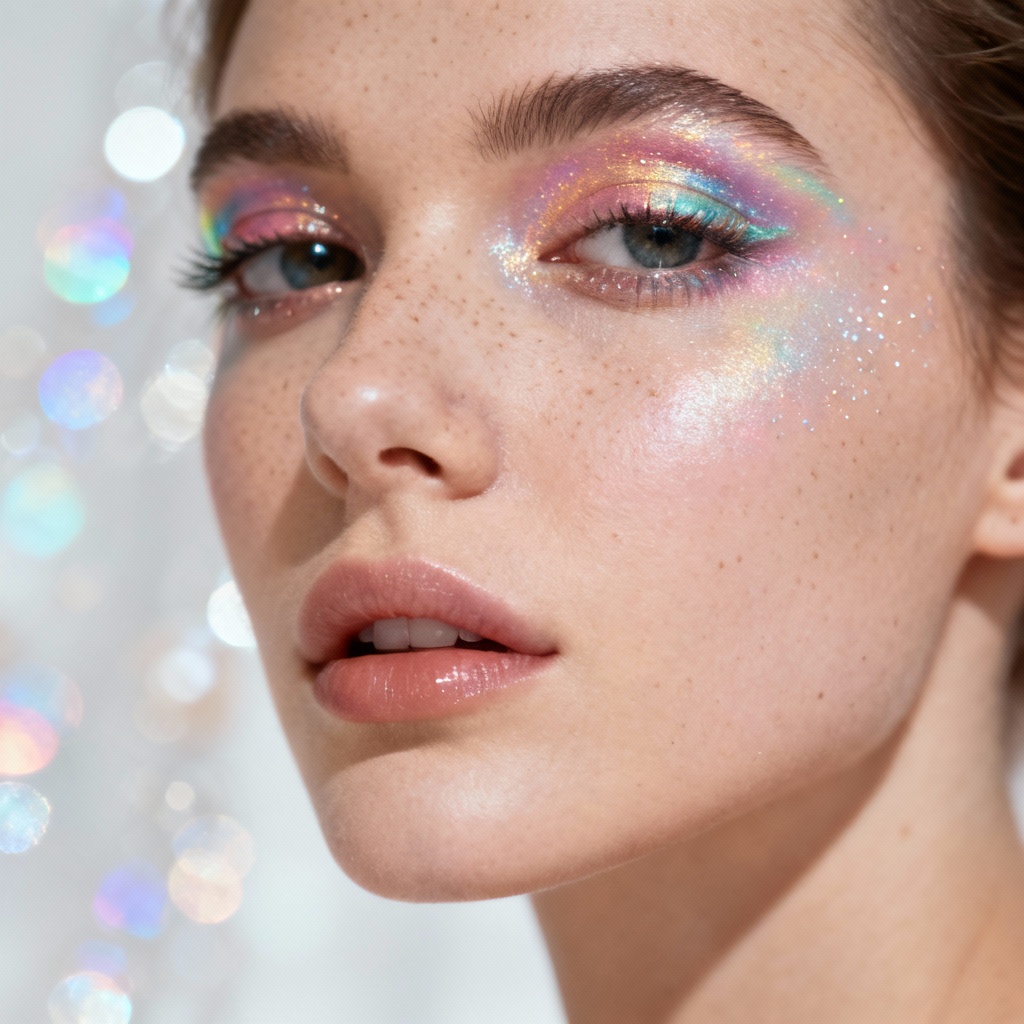AI portrait with iridescent shimmer makeup and glitter freckles