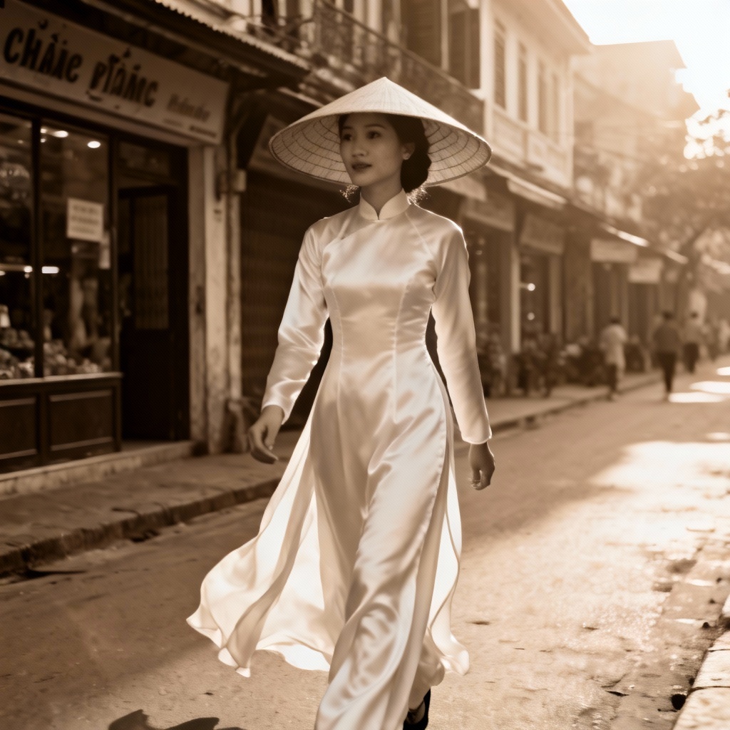 Woman in white ao dai with non la on a vintage Saigon street