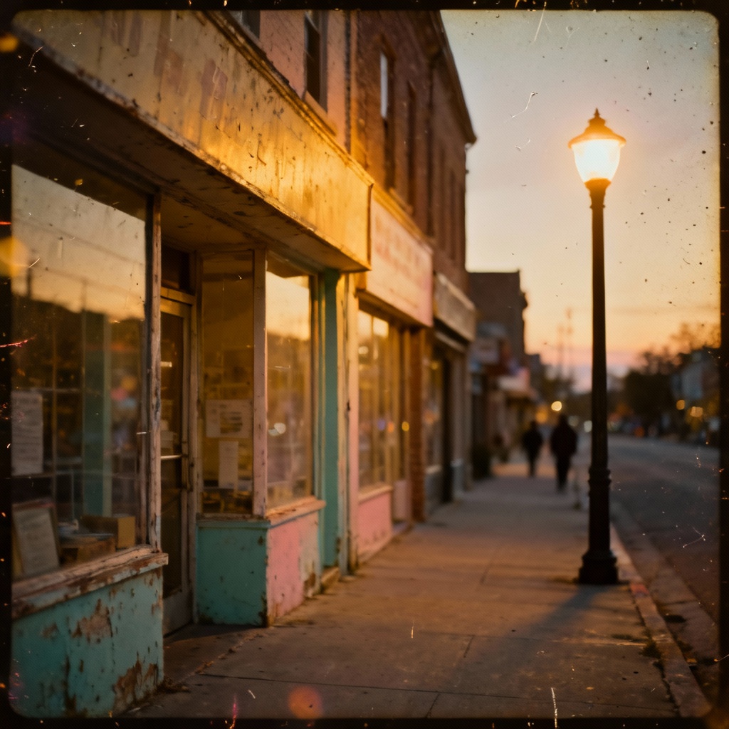 AI vintage atmosphere street scene with warm tones and light leaks