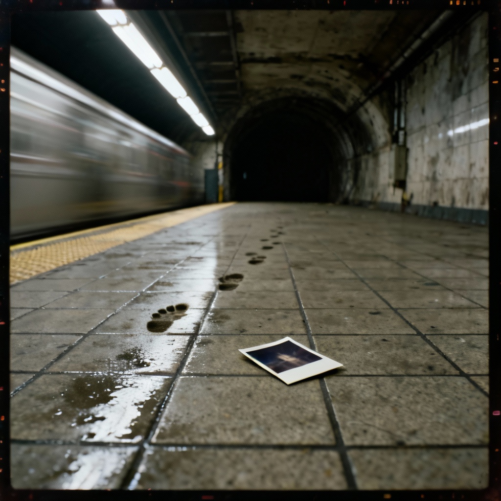AI horror Polaroid on subway floor with eerie footprints