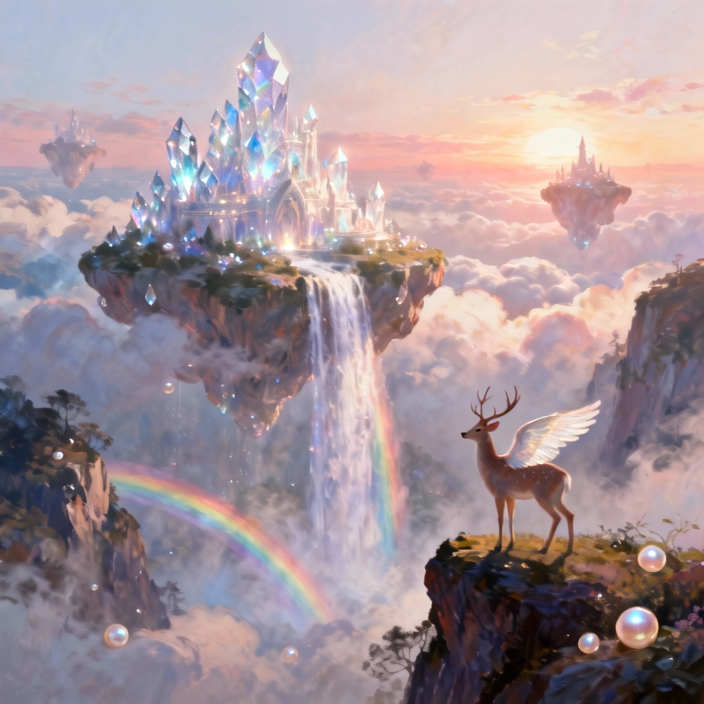 AI fairyland image of a crystal castle floating above clouds at sunrise