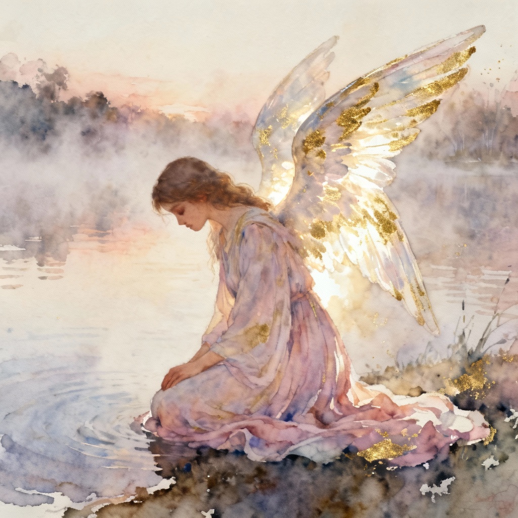 Watercolor fallen angel with ethereal glow