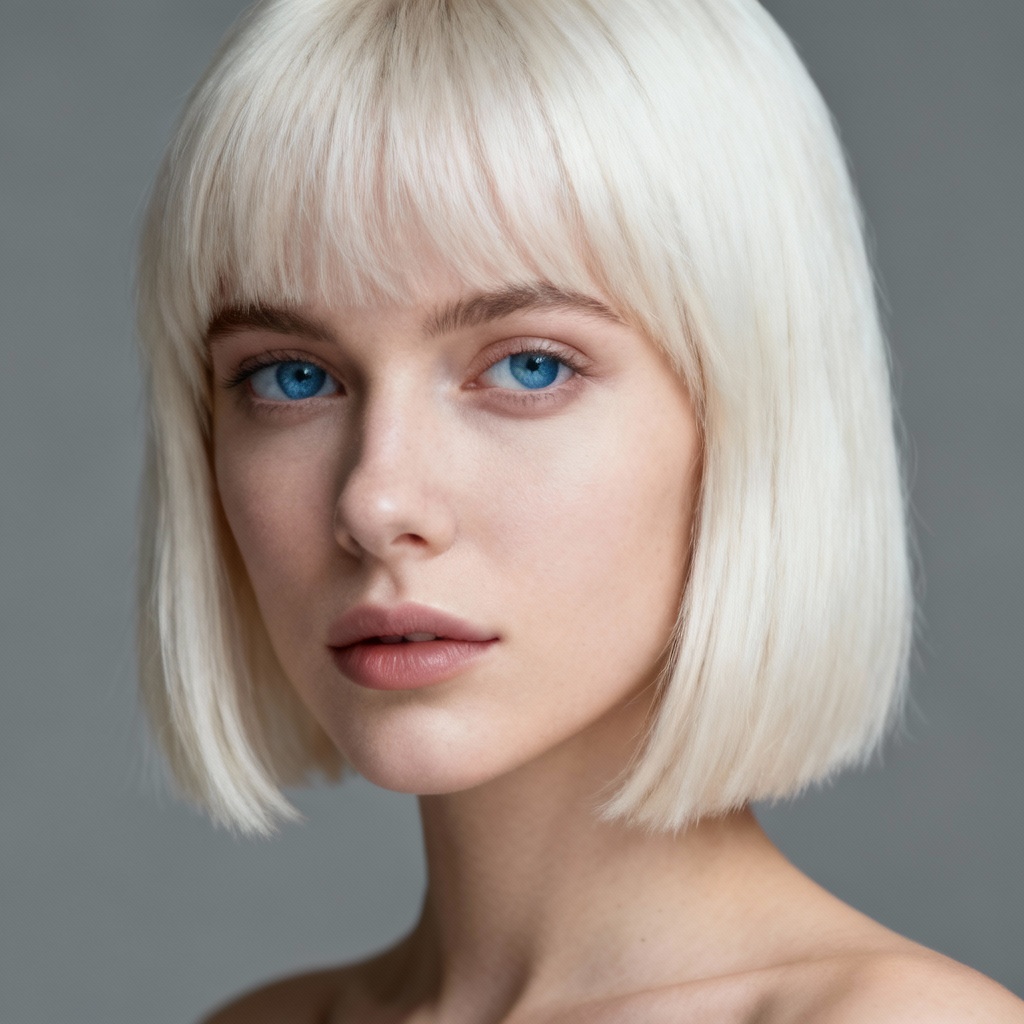 Studio headshot of platinum blonde girl