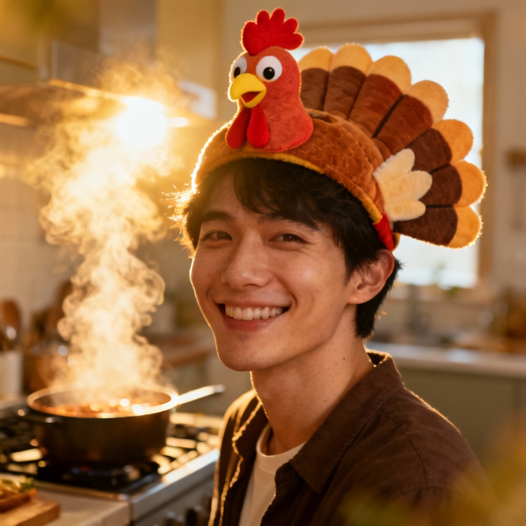 Candid kitchen photo with turkey headband and warm tones