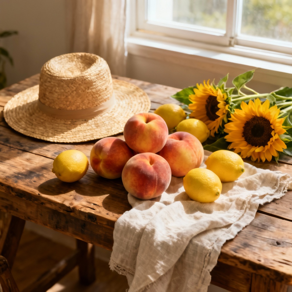 AI warm season farmers market flat lay with citrus and flowers