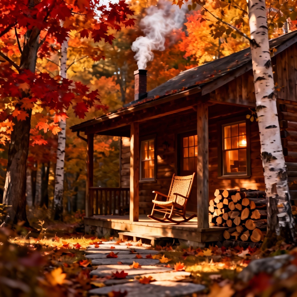 AI rustic cabin in the woods with smoky chimney and maple trees