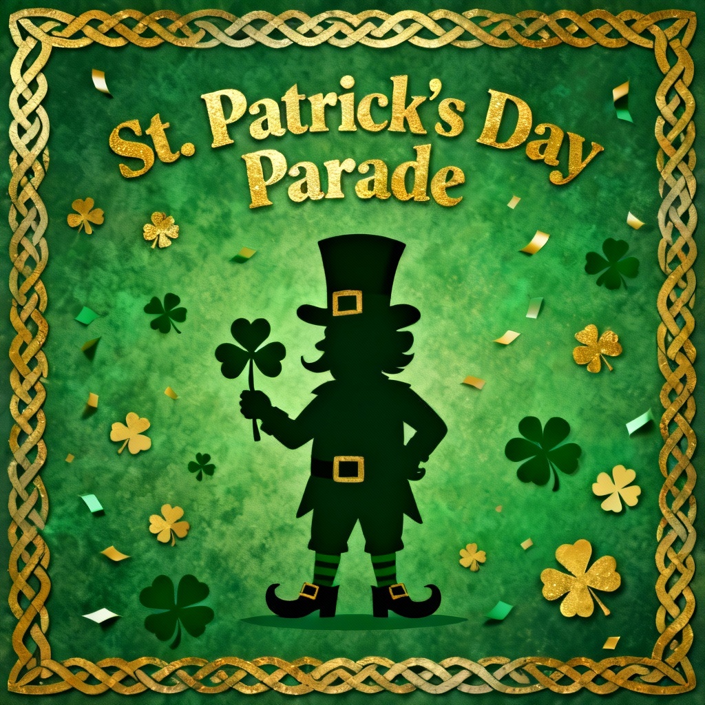 AI St. Patrick's Day parade poster with shamrocks, gold accents, and Celtic border