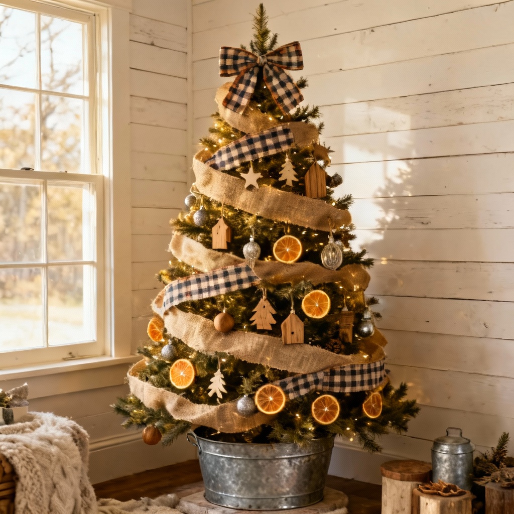 Rustic farmhouse Christmas tree with plaid ribbon