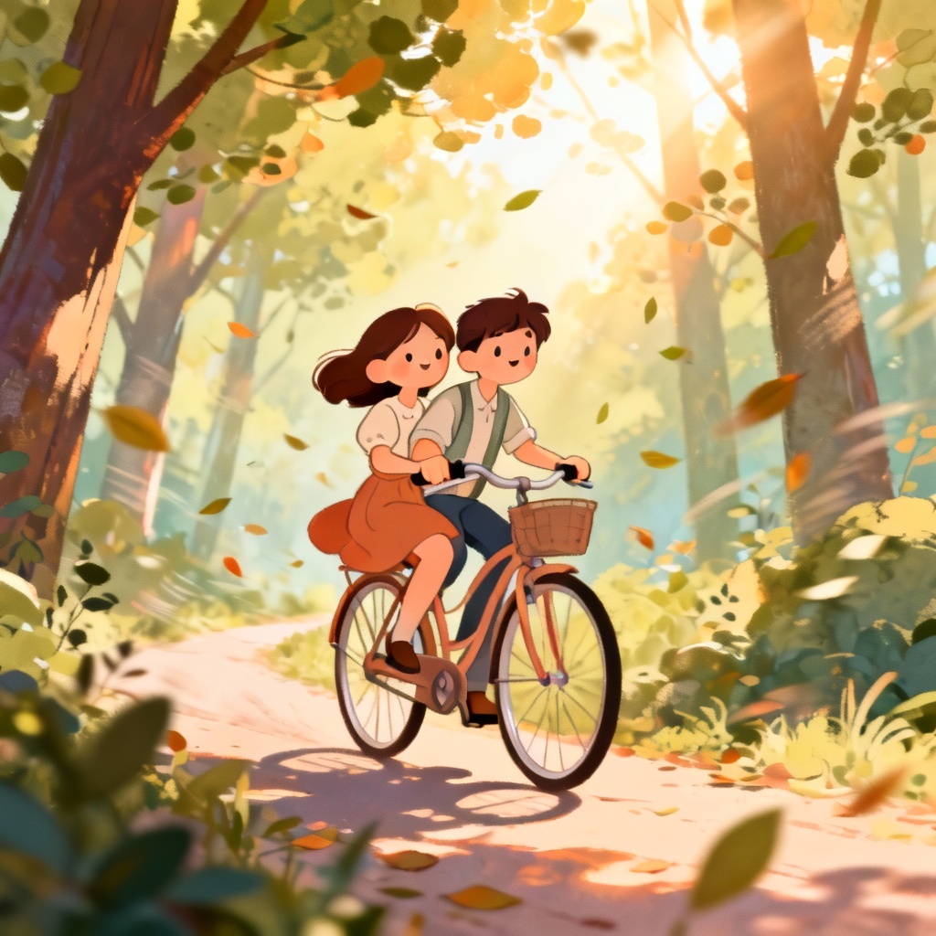 AI animated couple cycling through a sunlit forest path
