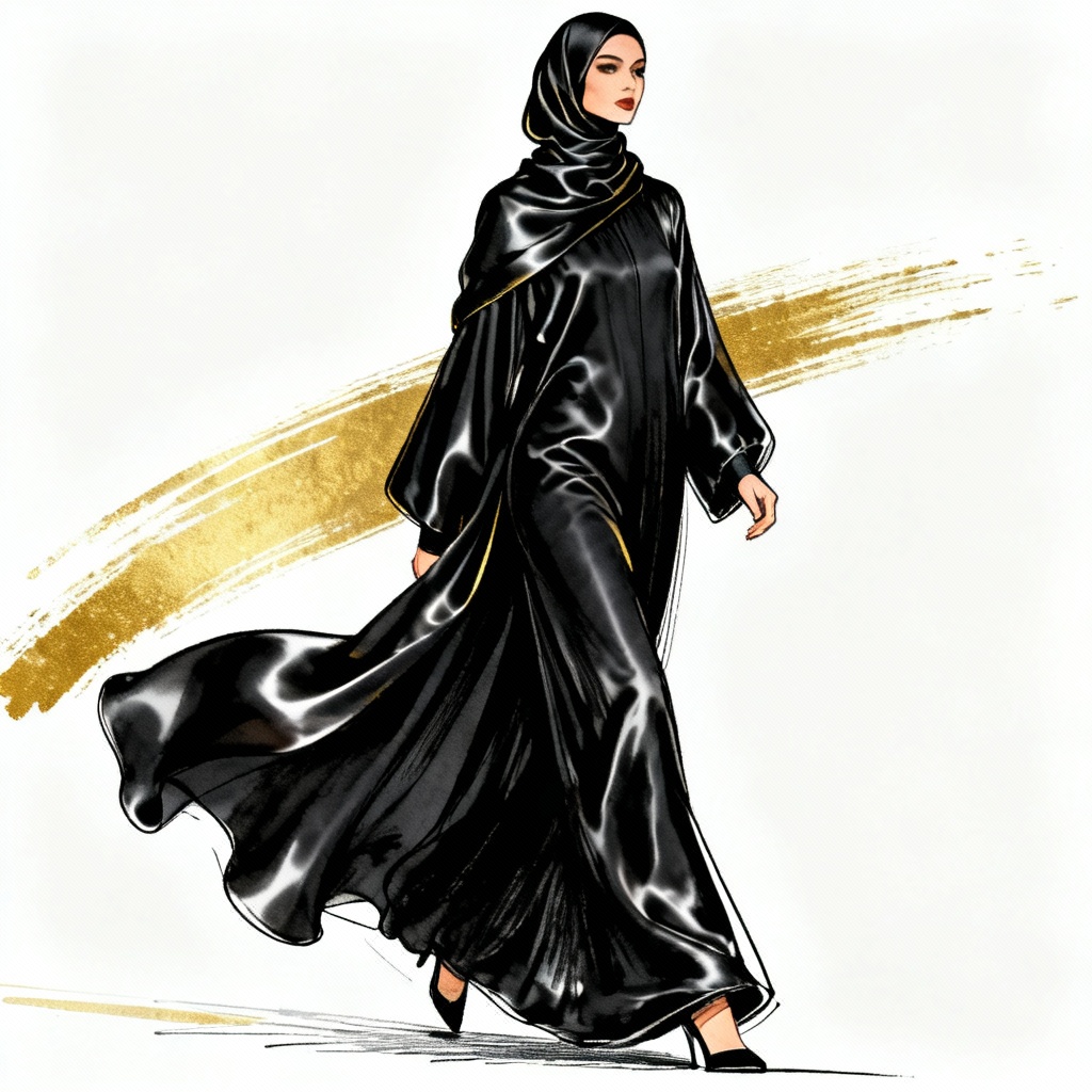 AI fashion sketch of abaya and satin hijab