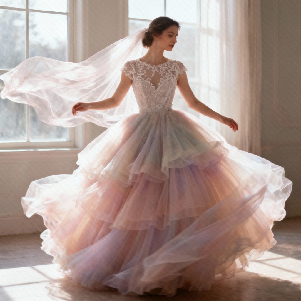 AI flowing tulle bridal dress with veil motion