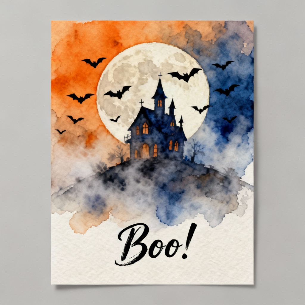 Watercolor Halloween card with haunted house and moon