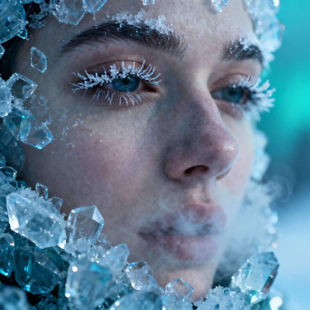 AI frozen portrait with frosted eyelashes and icy glow
