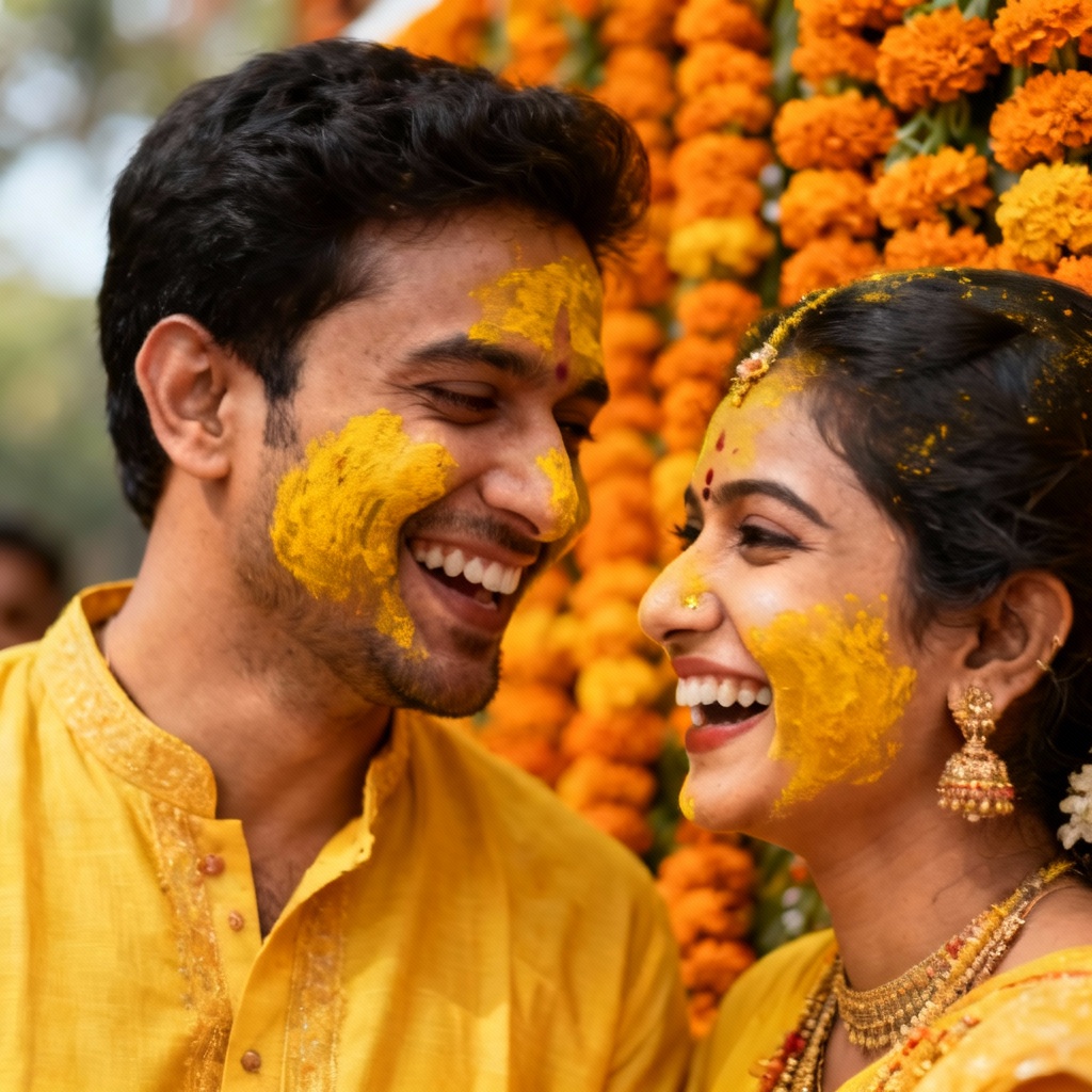 AI Indian couple haldi ceremony portrait