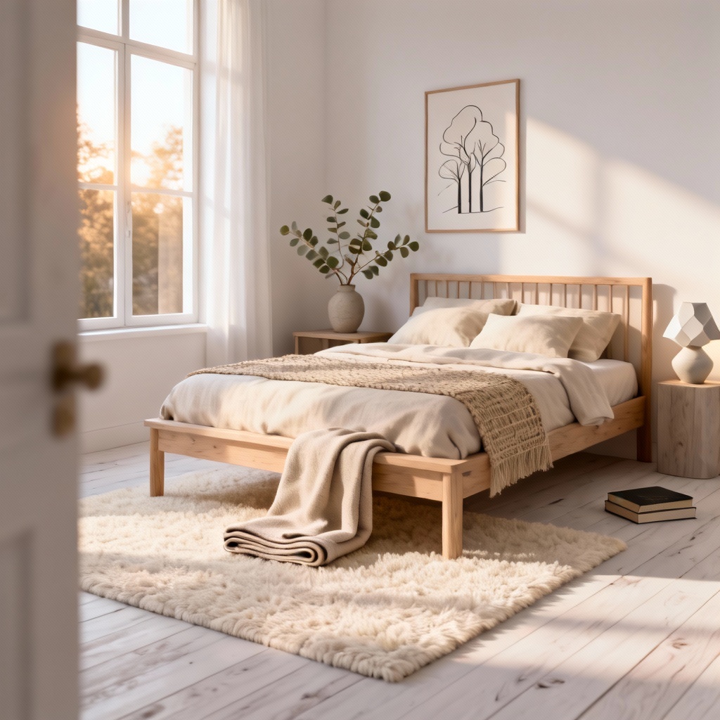 AI Scandinavian bedroom with light wood and soft neutrals