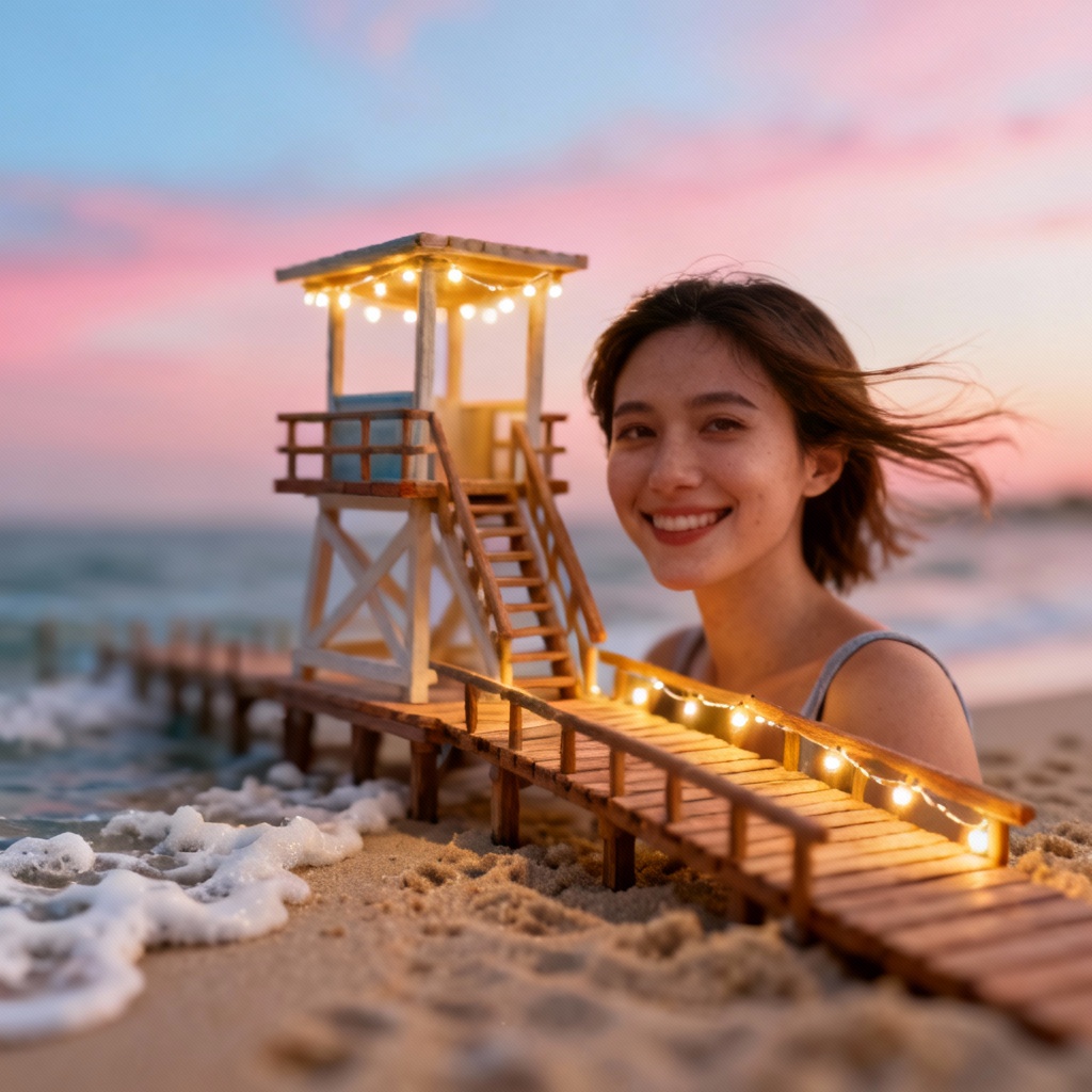 AI tiny world selfie on a beach boardwalk at sunset