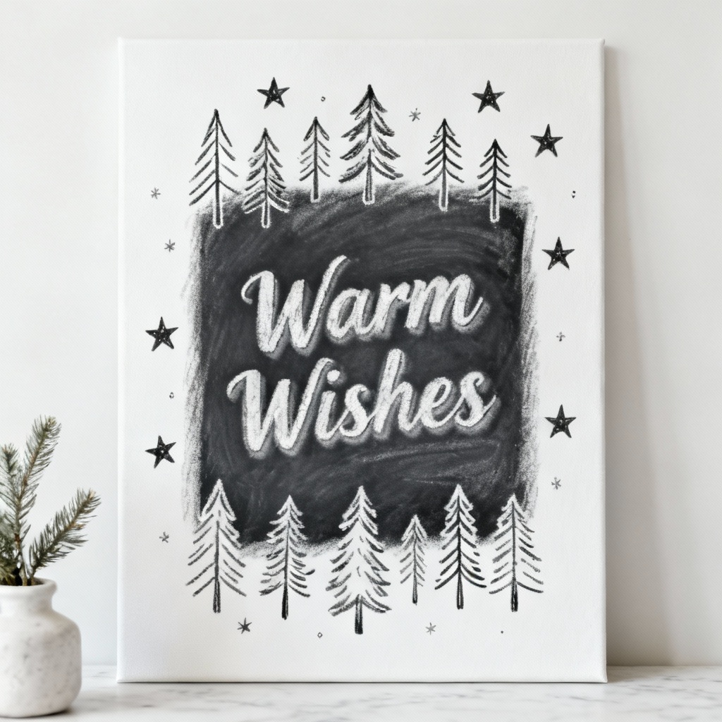 Cozy chalkboard motif on a white Christmas poster with hand-drawn doodles