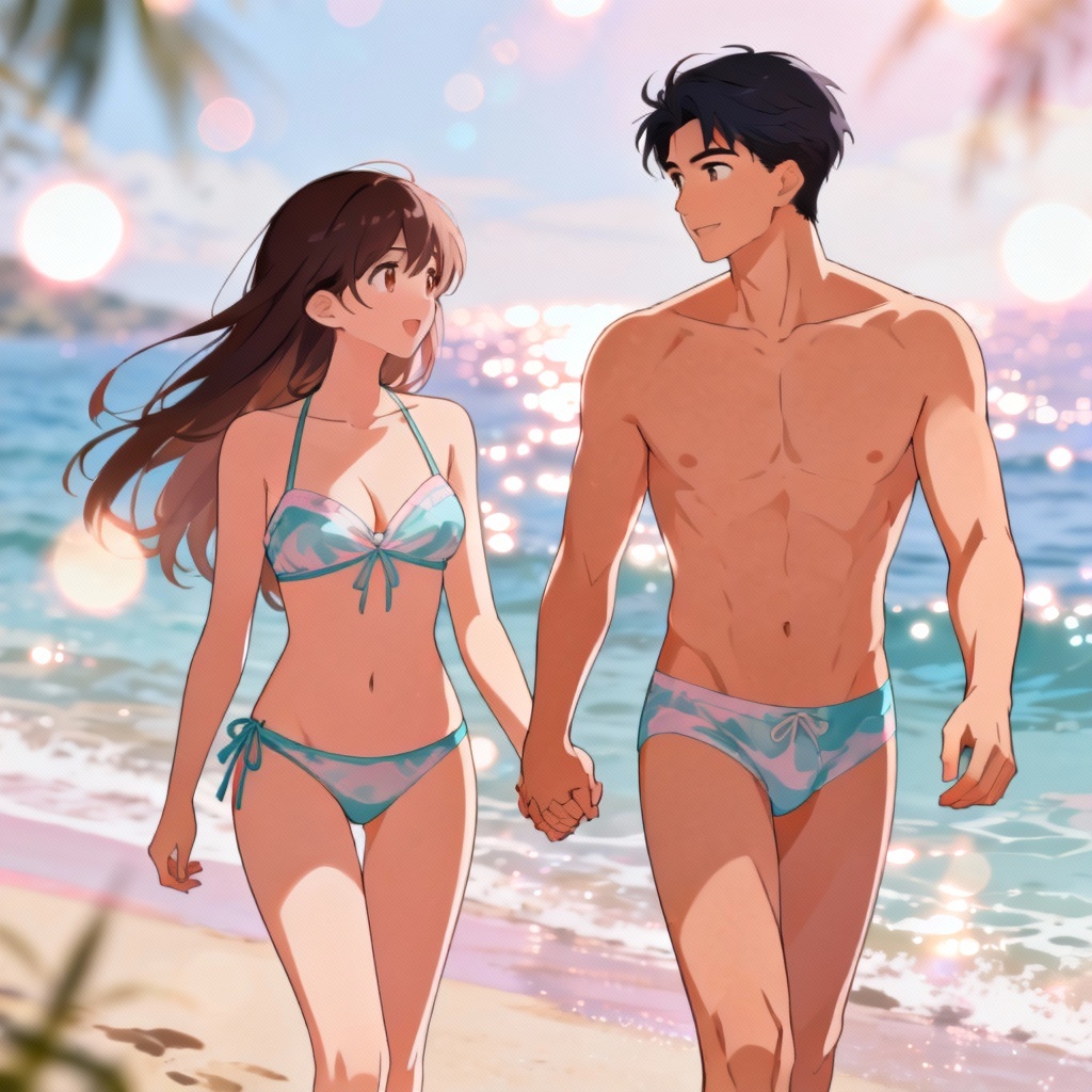 Stylized anime couple in matching swimwear walking on beach