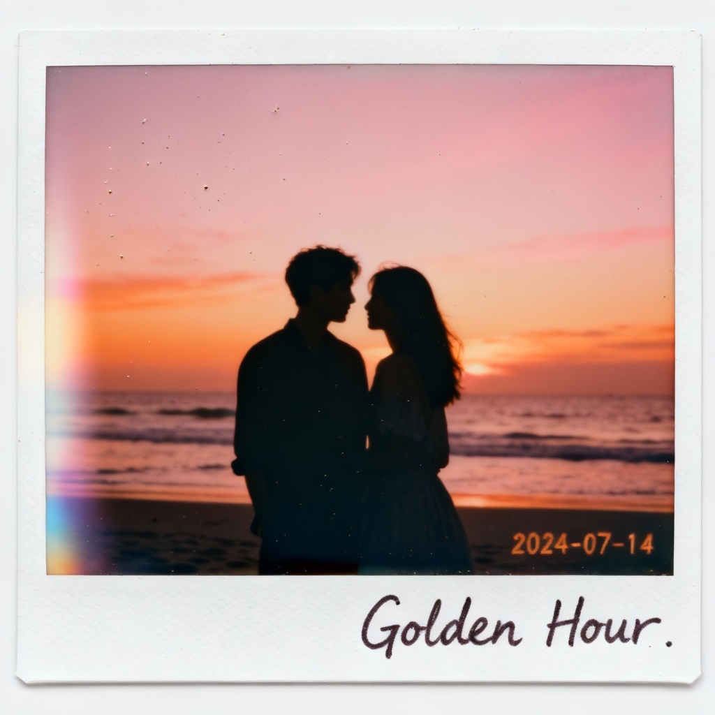 AI polaroid of a couple at sunset with white border and date stamp