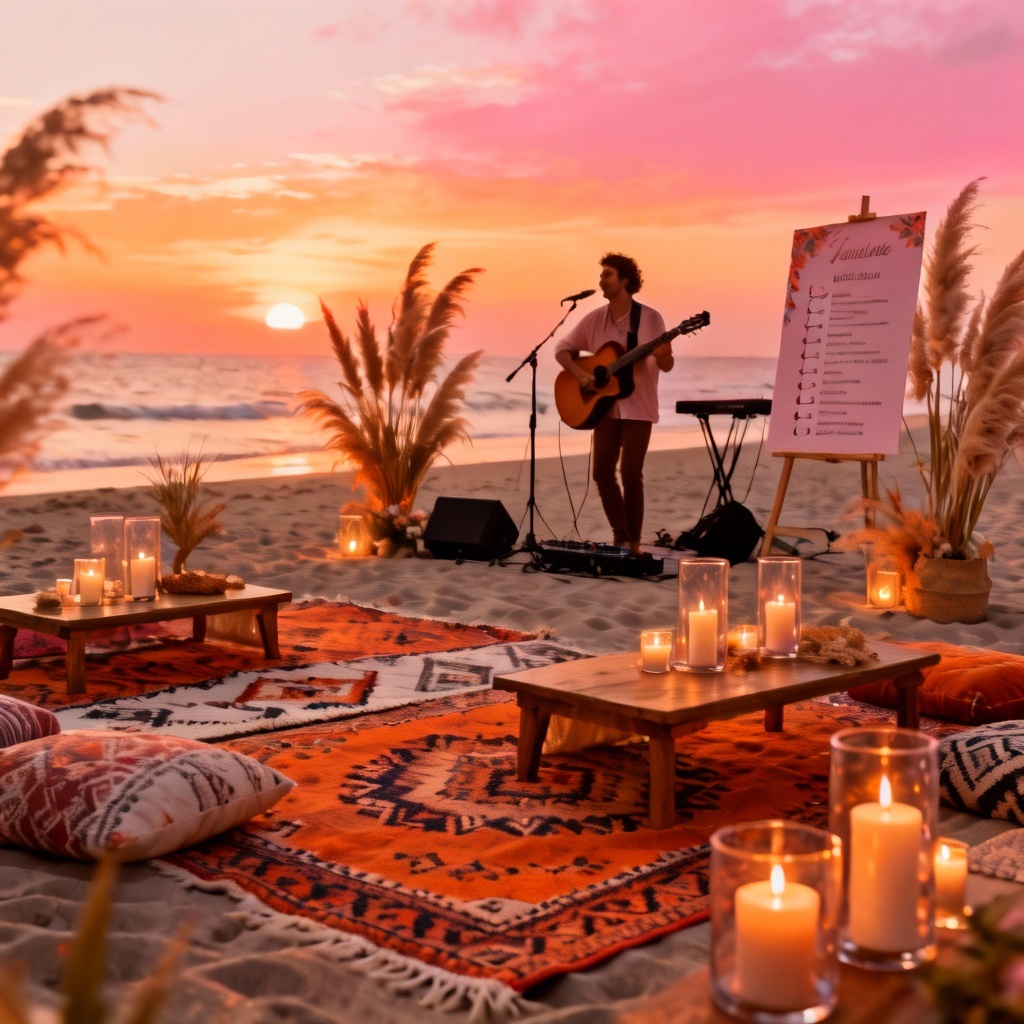 AI boho beach sunset evening event theme with timeline