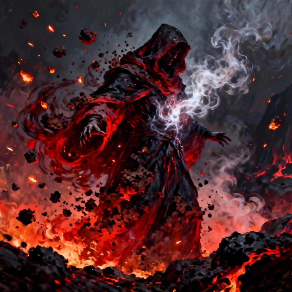 Dark fantasy ash mage surrounded by volcanic ash and embers
