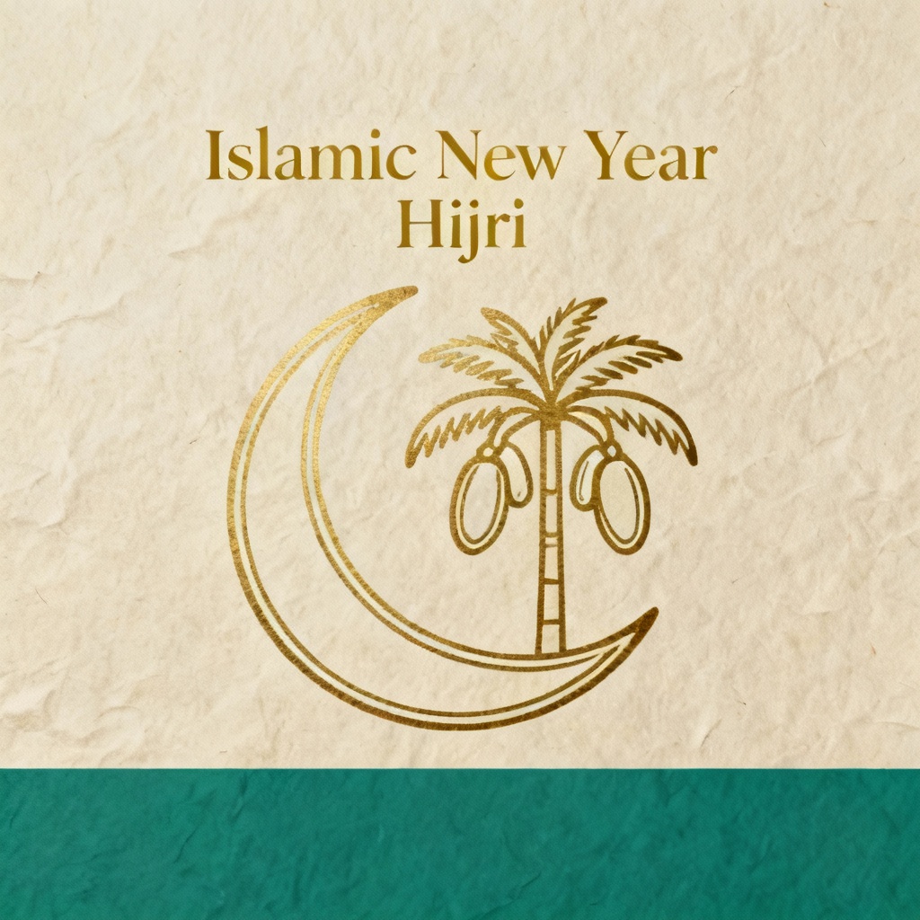 AI Islamic New Year Hijri card with crescent and date motif