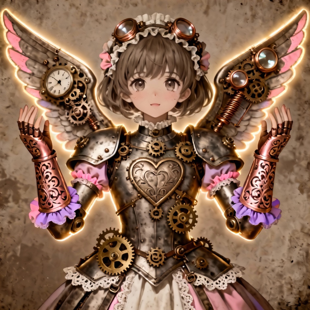 AI steampunk magical girl in brass armor with gear motifs