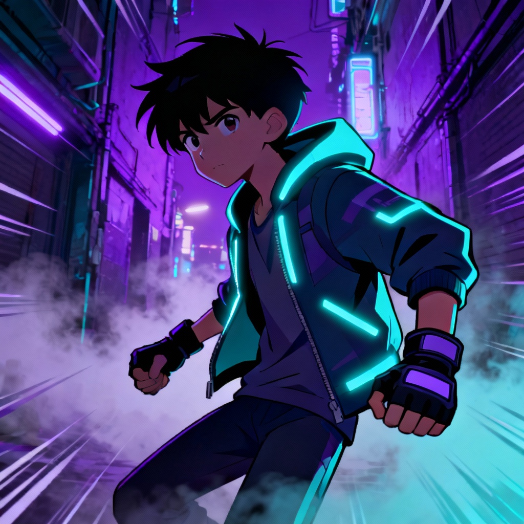 Cel-shaded sci-fi teen hero in neon city alley