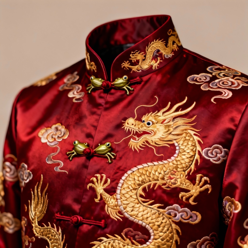 Red Tang jacket with gold imperial dragon embroidery and Mandarin collar