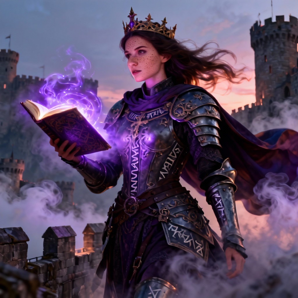 AI fantasy character portrait of a regal sorcerer-knight with glowing runes