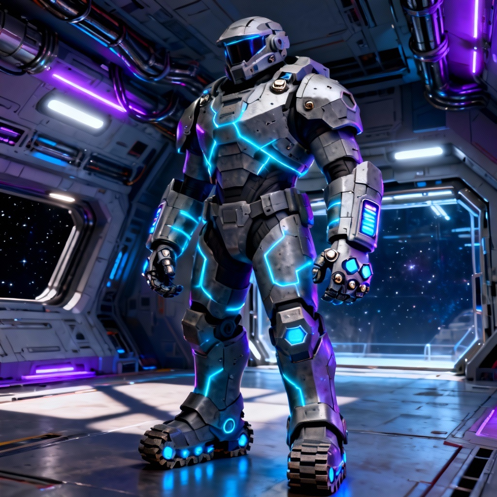 AI sci fi space marine exosuit with glowing energy lines